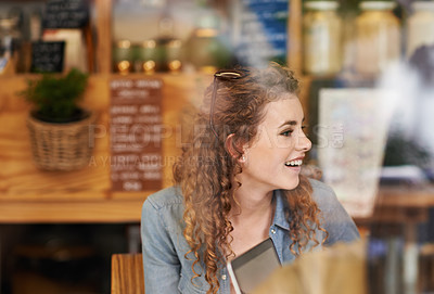 Buy stock photo Coffee shop, relax and woman in window with laptop for internet, social networking and website. Happy, smile and person on computer in restaurant, cafe and diner for caffeine, beverage and cappuccino