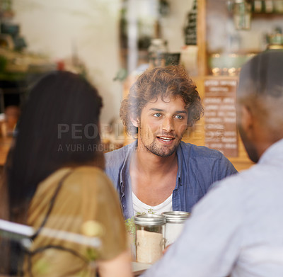 Buy stock photo Conversation, window and friends in restaurant together for bonding, social gathering and lunch. Coffee shop, brunch and group of people relax in cafe for casual chat, drinks and happy discussion.