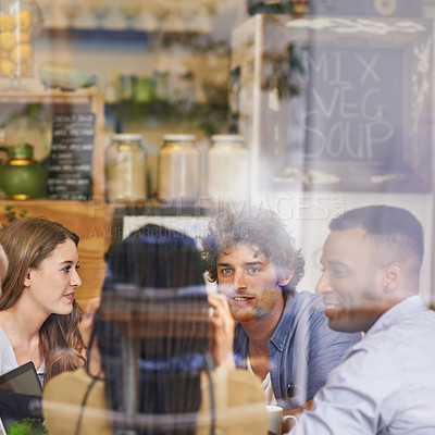 Buy stock photo Conversation, window and friends in restaurant with diversity, bonding and social gathering for lunch. Coffee shop, brunch and group of people relax in cafe for casual chat, drinks and happy talking.