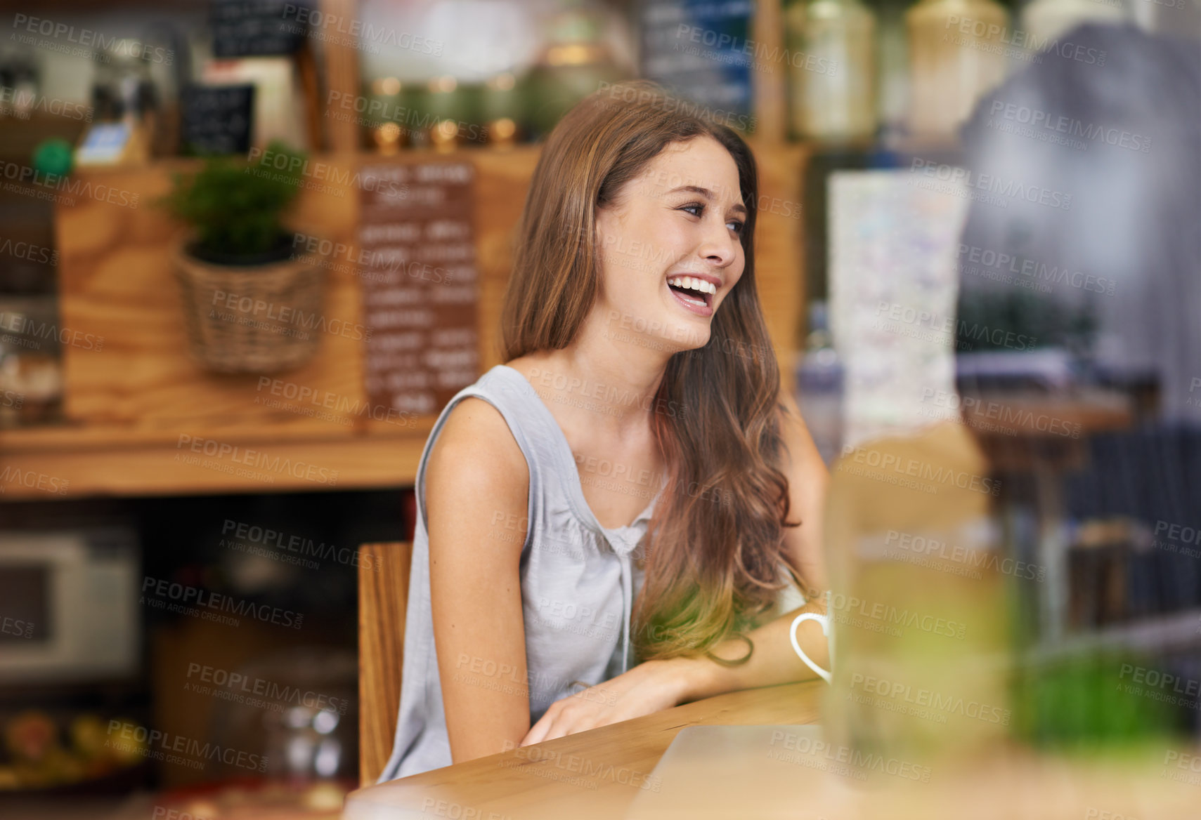 Buy stock photo Happy, woman and friends in window at cafe for social brunch together on holiday or vacation. Girl, smile and talk to people in coffee shop with funny conversation at lunch with espresso or latte