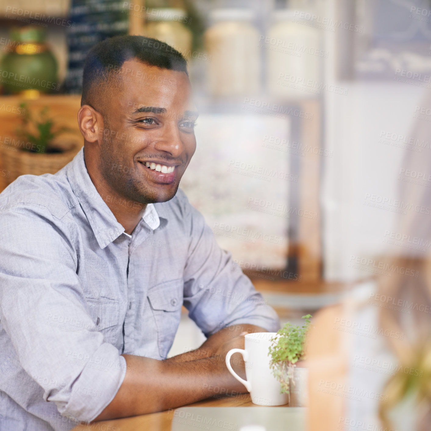 Buy stock photo Coffee, black man and thinking in cafe with woman for date, vacation or morning drink on holiday. Smile, male person and happy in restaurant with girlfriend for bonding, love or break together