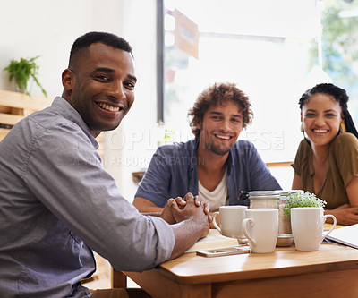 Buy stock photo Coffee shop, friends and portrait of people in cafe for social visit, conversation and chatting. Happy, relax and men and woman with drink, caffeine beverage and cappuccino in restaurant together