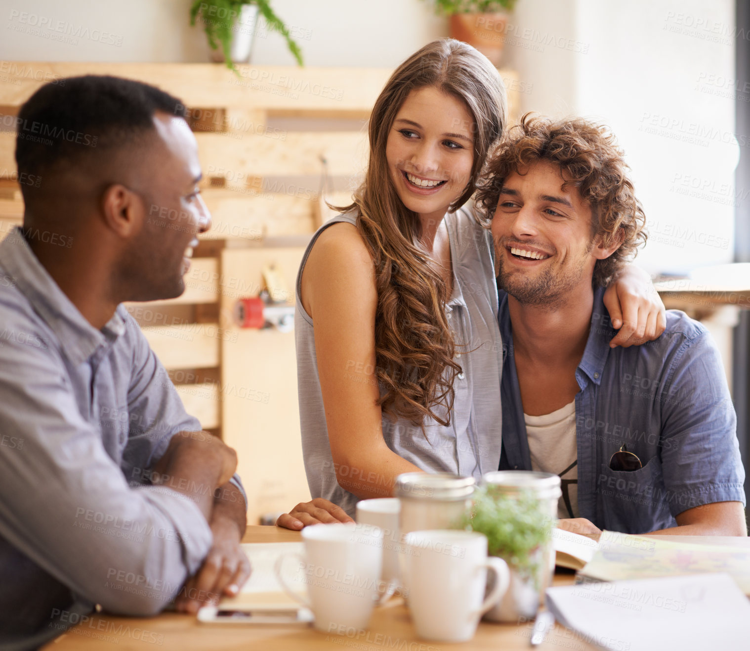 Buy stock photo Smile, laugh and university friends in restaurant together for bonding, social gathering and study group. Coffee shop, brunch and people relax in cafe for book club with drinks, diversity and fun.