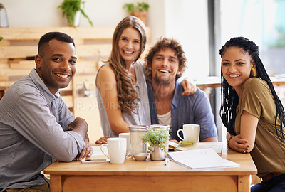 Buy stock photo Portrait, diversity and group of friends in cafe together for bonding, social gathering and smile at lunch. Coffee shop, brunch and happy people relax in restaurant for casual chat, drinks or meeting