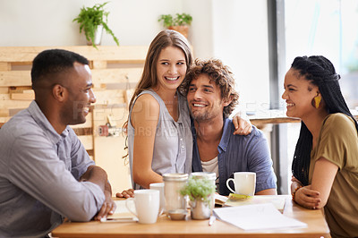 Buy stock photo Social, diversity and group of friends in restaurant together for bonding, gathering and smile at lunch. Coffee shop, brunch and happy people relax in cafe for couple chat, drinks or morning meeting.