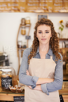 Buy stock photo Portrait, welcome and girl with confidence in restaurant for service with small business owner in store. Coffee shop, cafe or woman manager with pride, hospitality or entrepreneur at startup bakery.