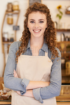 Buy stock photo Portrait, welcome and girl with confidence in cafe for service with happy small business owner. Coffee shop, restaurant or woman deli manager with smile, hospitality or entrepreneur at startup bakery