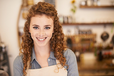 Buy stock photo Portrait, restaurant and happy woman with confidence in small business for service with pride in bakery. Coffee shop, cafe and face of girl waitress with hospitality, smile or entrepreneur at startup