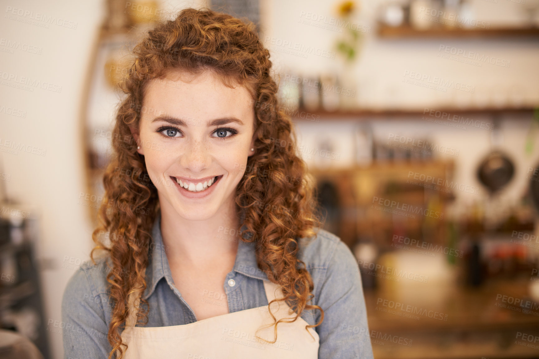 Buy stock photo Portrait, restaurant and happy woman with confidence in small business for service with pride in bakery. Coffee shop, cafe and face of girl waitress with hospitality, smile or entrepreneur at startup