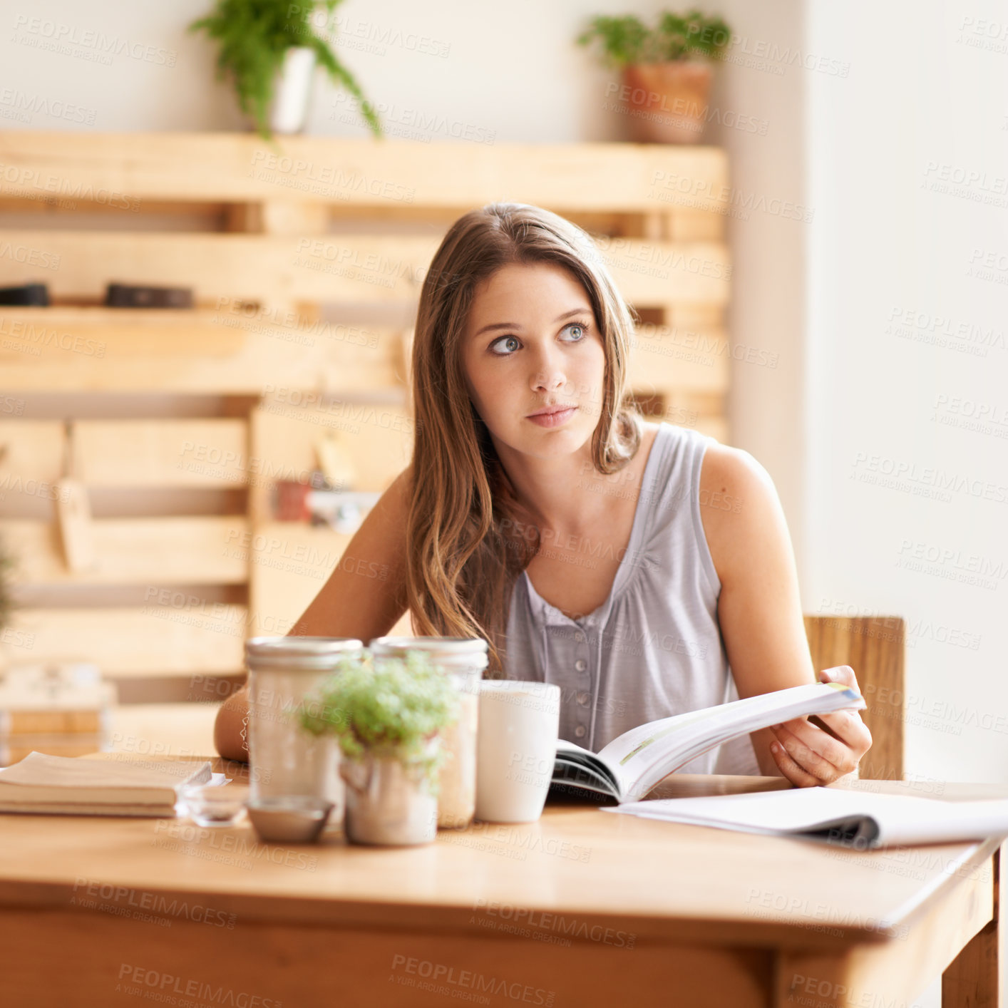 Buy stock photo Woman, thinking and book in coffee shop for studying research or exam learning for college, university or education. Female person, thoughts and restaurant for knowledge test, assignment or beverage
