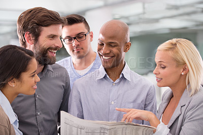 Buy stock photo Professional staff, read and looking at newspaper, stock market and economic state of the company in economy. Diverse, colleagues and staff for career, startup and happy for agency and investment