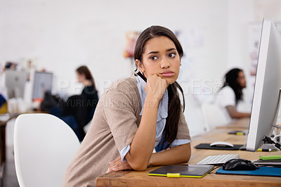 Buy stock photo Tired, woman and bored in coworking space with computer for planning, schedule and ideas for job. Businesswoman, thinking and technology in office with depression, exhausted or burnout at desk