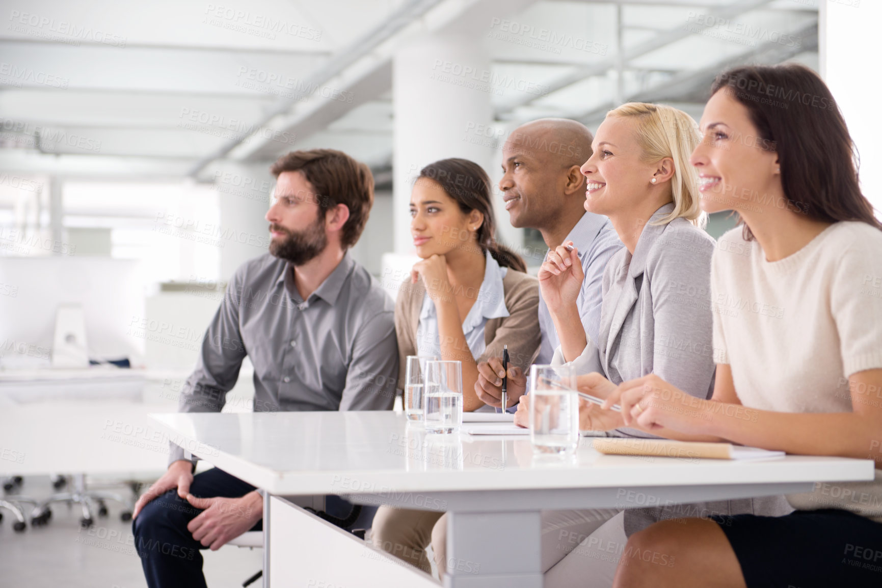 Buy stock photo Workshop, presentation and audience of business people in office for teamwork, collaboration and discussion. Corporate company, meeting and men and women listen for feedback, planning and report