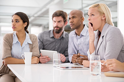 Buy stock photo Corporate, presentation and audience of business people in office for teamwork, collaboration and discussion. Company meeting, workshop and men and women yawn for feedback, review and conversation