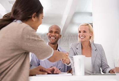 Buy stock photo Interview, handshake or business people in office meeting or welcome, hiring or startup negotiation deal success. Welcome, thank you or team shaking hands in b2b support, collaboration or partnership