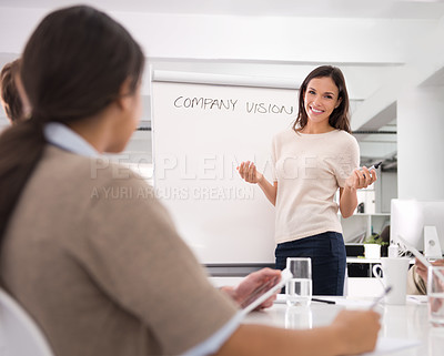 Buy stock photo Businesswoman, presentation and boardroom meeting with project planning or company vision, growth or strategy. Female person, colleagues and notes or brainstorming for proposal, future or startup