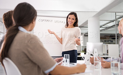 Buy stock photo Businesswoman, presentation and boardroom teamwork for training or company vision, growth or planning. Female person, colleagues and notes for brainstorming in office for proposal, future or startup