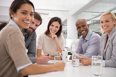 Buy stock photo Corporate, office and portrait of business people in meeting, discussion and conversation for planning. Teamwork, company and men and women with tablet for collaboration, online project and website