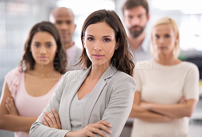 Buy stock photo Group, business people and portrait with arms crossed for corporate, leadership and teamwork. Diversity, colleagues and professional employees or corporate coworkers with confidence in office