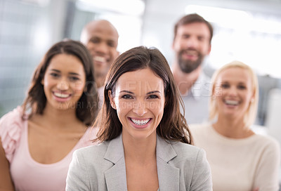 Buy stock photo Business people, portrait and recruitment team with a smile from collaboration and work in a office. Happy, workforce and female professional with career confidence from corporate consultant agency