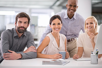 Buy stock photo Business people, portrait and audit team with a smile from collaboration and work in an office. Happy, workforce and professional employees with career confidence from corporate finance agency