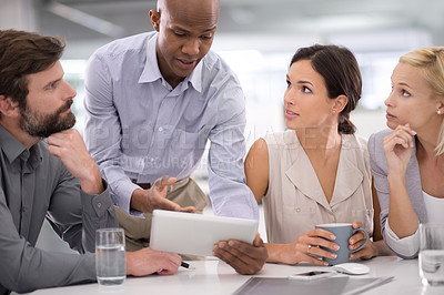 Buy stock photo Business people, teamwork and tablet for research in meeting with speaker for corporate planning, brainstorming or diversity. Collaboration, group and employees with technology and discussion at work