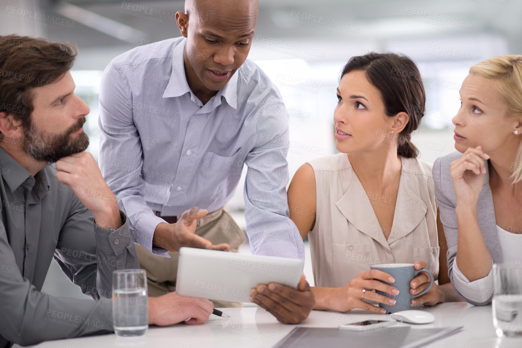 Buy stock photo Business people, teamwork and tablet for research in meeting with speaker for corporate planning, brainstorming or diversity. Collaboration, group and employees with technology and discussion at work