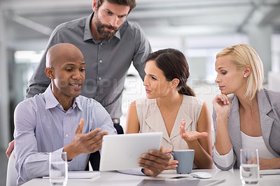 Buy stock photo Business people, teamwork and tablet for planning in meeting with speaker for corporate research, brainstorming or diversity. Collaboration, group and employees with technology and discussion at work