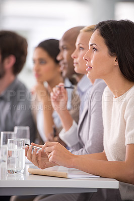 Buy stock photo Meeting, presentation and audience of business people in office for teamwork, collaboration and discussion. Corporate, company and men and women writing notes for feedback, planning and report