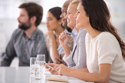 Buy stock photo Teamwork, presentation and audience of business people in office for meeting, collaboration and discussion. Corporate company, workplace and men and women listen for feedback, workshop and report