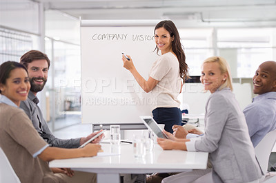 Buy stock photo Business people, presentation and portrait in boardroom or meeting collaboration or brainstorming, vision or planning. Man, woman and colleagues at creative agency for proposal, startup or tablet