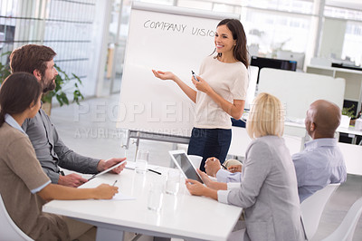 Buy stock photo Businesswoman, presentation and training meeting with project planning or company vision, growth or coaching. Female person, colleagues and tablet or brainstorming for proposal, future or startup
