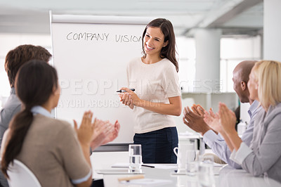 Buy stock photo Woman leadership, clapping and presenting for company vision, planning and discussion in office. Female boss, boardroom and colleagues in management meeting, applauding or celebrating new ideas