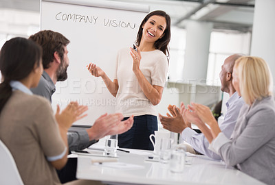 Buy stock photo Presentation, applause and people in business meeting with goal, vision or teamwork celebration. Training, success and team clapping hands for woman speaker with motivation, speech or wow solution