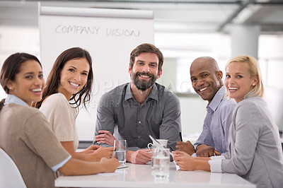 Buy stock photo Business people, portrait and company vision team with smile from collaboration and work in a office. Happy, workforce and professional group with career confidence and diversity at consultant agency