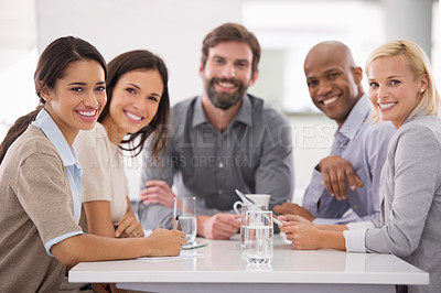 Buy stock photo Business people, portrait and recruitment team with smile from collaboration and work in a office meeting. Happy, workforce and professional group with management and diversity at consultant agency