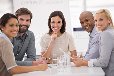 Buy stock photo Business people, portrait and company vision team with smile from collaboration work in a office. Happy, meeting and professional group with career confidence and diversity at consultant agency
