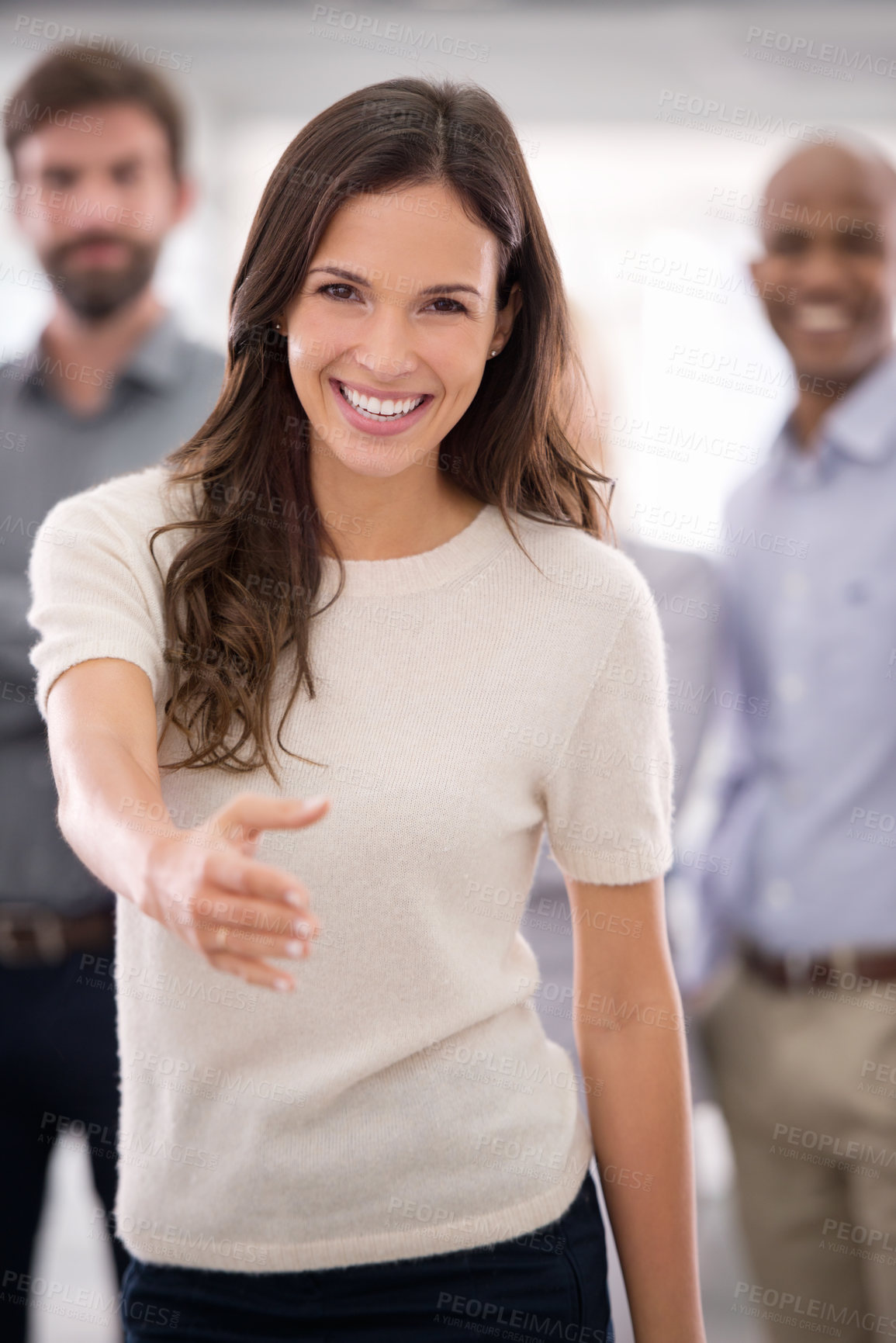 Buy stock photo Portrait, woman and business handshake offer in office with team for onboarding welcome. Recruitment, face or female recruiter with shaking hands gesture for thank you, success or b2b hiring deal