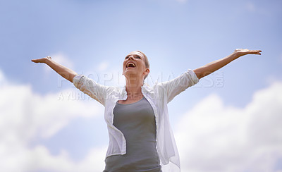 Buy stock photo Happy woman, freedom and joy with open arms for success, health and wellness with blue sky background. Female person with smile in relax for achievement, accomplishment or winning on mockup space