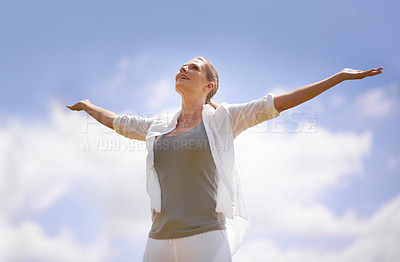 Buy stock photo Happy woman, meditation and freedom with blue sky background for spiritual wellness, faith or hope in nature. Calm female person with smile and open arms for fresh air, health and outdoor wellness