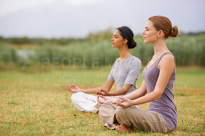 Buy stock photo Lotus, friends and meditation outdoor for yoga, healthy body and mindfulness exercise for fitness. Peace, zen and calm women in padmasana in nature for balance, spirituality and practice for wellness