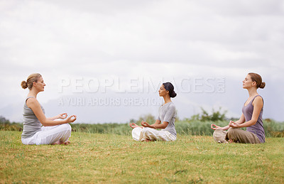 Buy stock photo Lotus, group and meditation in nature for yoga, healthy body and mindfulness exercise to relax. Peace, instructor and calm women in padmasana outdoor on mockup, spirituality and breathing together