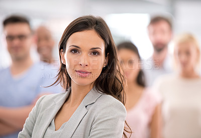 Buy stock photo Business woman, portrait and leadership in team, group or colleagues with confidence in office. Manager, employees and people with coworkers in workplace for solidarity, career or professional at job