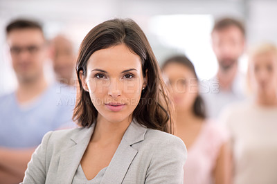 Buy stock photo Business woman, portrait and leadership for group, team or colleagues with confidence in office. Manager, employees and together with people in workplace for solidarity, career or professional at job