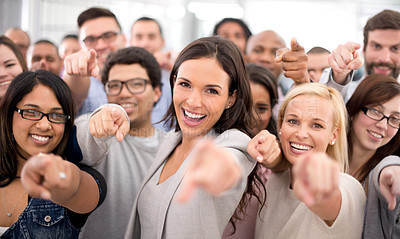 Buy stock photo Business people, group and point at you in portrait with excited smile for recruitment, choice or opportunity. Human resources, teamwork or staff with sign for decision with men, women and onboarding