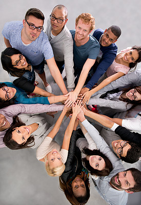 Buy stock photo Hands together, team and top of people in circle for mission, support in solidarity and respect in portrait. Trust, help and loyalty for collaboration, meeting at startup with diversity and inclusion