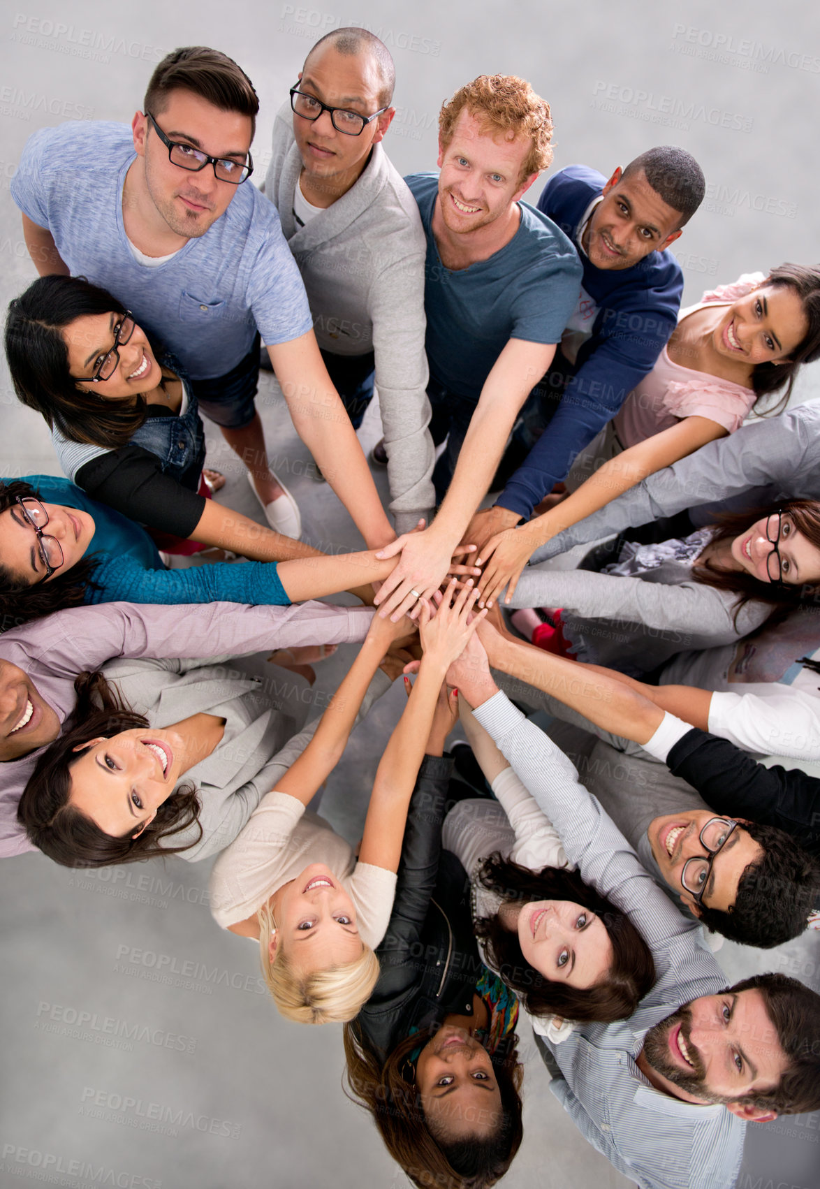 Buy stock photo Hands together, team and top of people in circle for mission, support in solidarity and respect in portrait. Trust, help and loyalty for collaboration, meeting at startup with diversity and inclusion