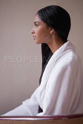 Buy stock photo Spa, beauty and face of woman for skincare, wellness and treatment in luxury salon. Resort, hospitality and person for massage, therapy and cosmetics for relaxing, calm and self care in bathroom