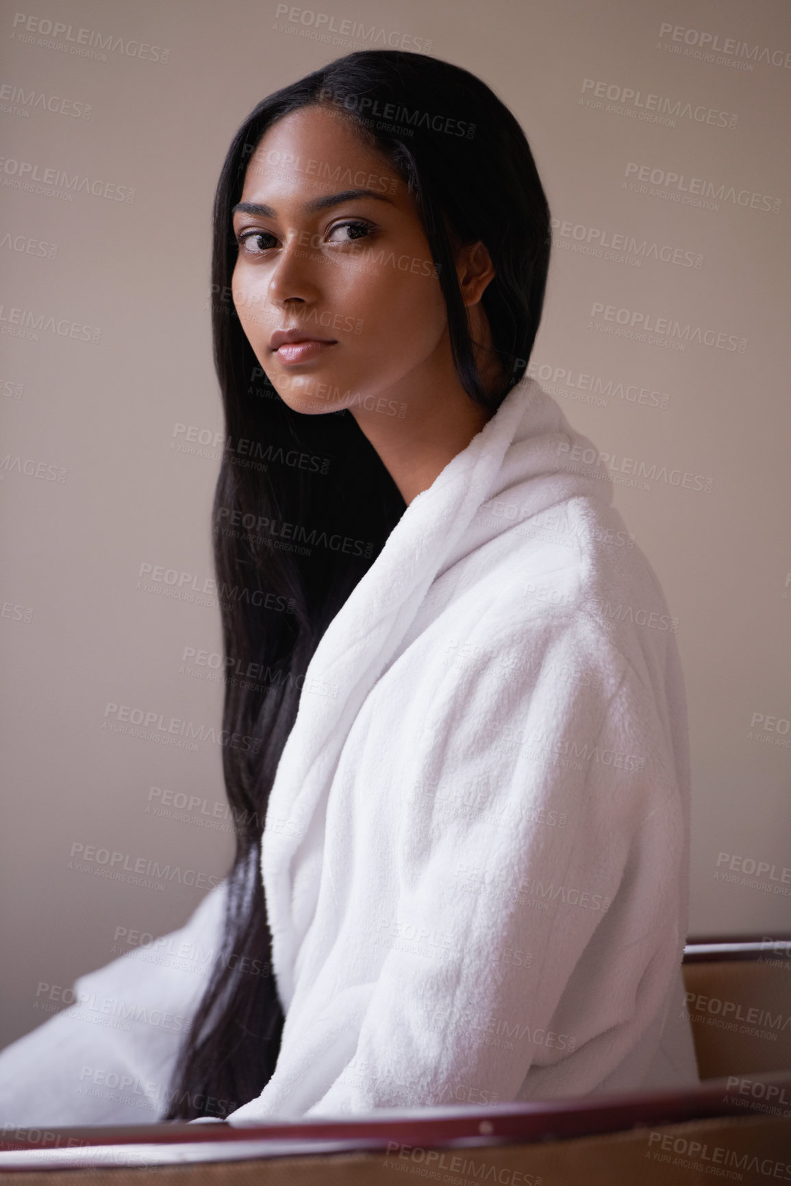 Buy stock photo Spa, beauty and portrait of woman for skincare, wellness and treatment in luxury salon. Resort, hospitality and person for massage, therapy and cosmetics for relax, calm and self care in bathroom