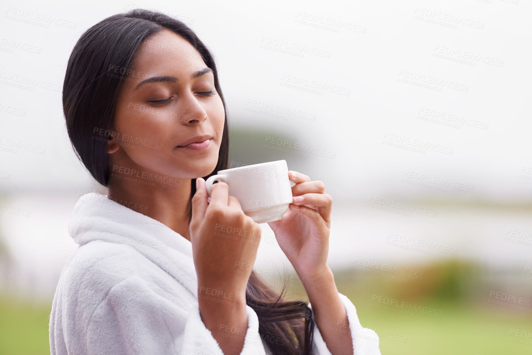 Buy stock photo Spa, beauty and woman relax with coffee for skincare, wellness and treatment in luxury salon. Resort, garden and person for massage, therapy and cosmetics for relax, calm and self care outdoors